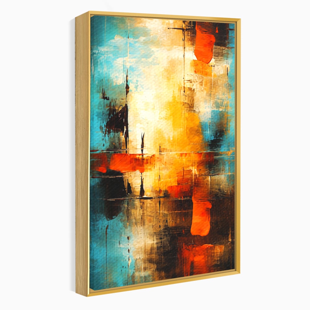 Tablou canvas cu pictura abstracta cu portocaliu si albastru, in rama de aluminiu auriu